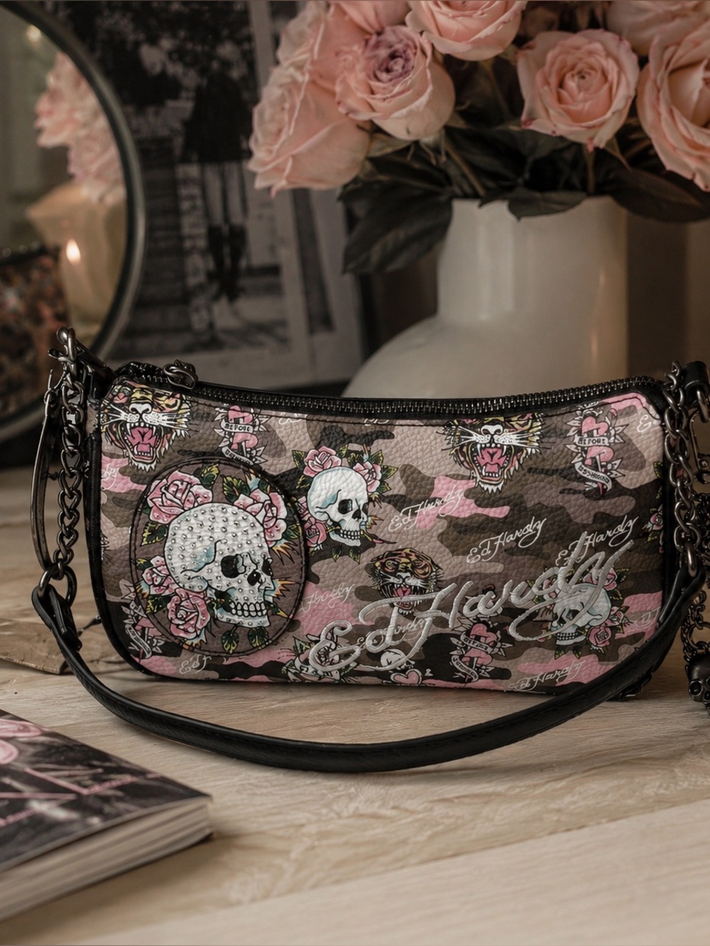 NWT Ed Hardy Pink Camo Skull Shoulder Bag Purse Y2K